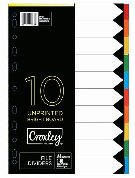CROXLEY FILE DIVIDER BOARD A4 10 TAB RAINBOW BRIGHT ASST